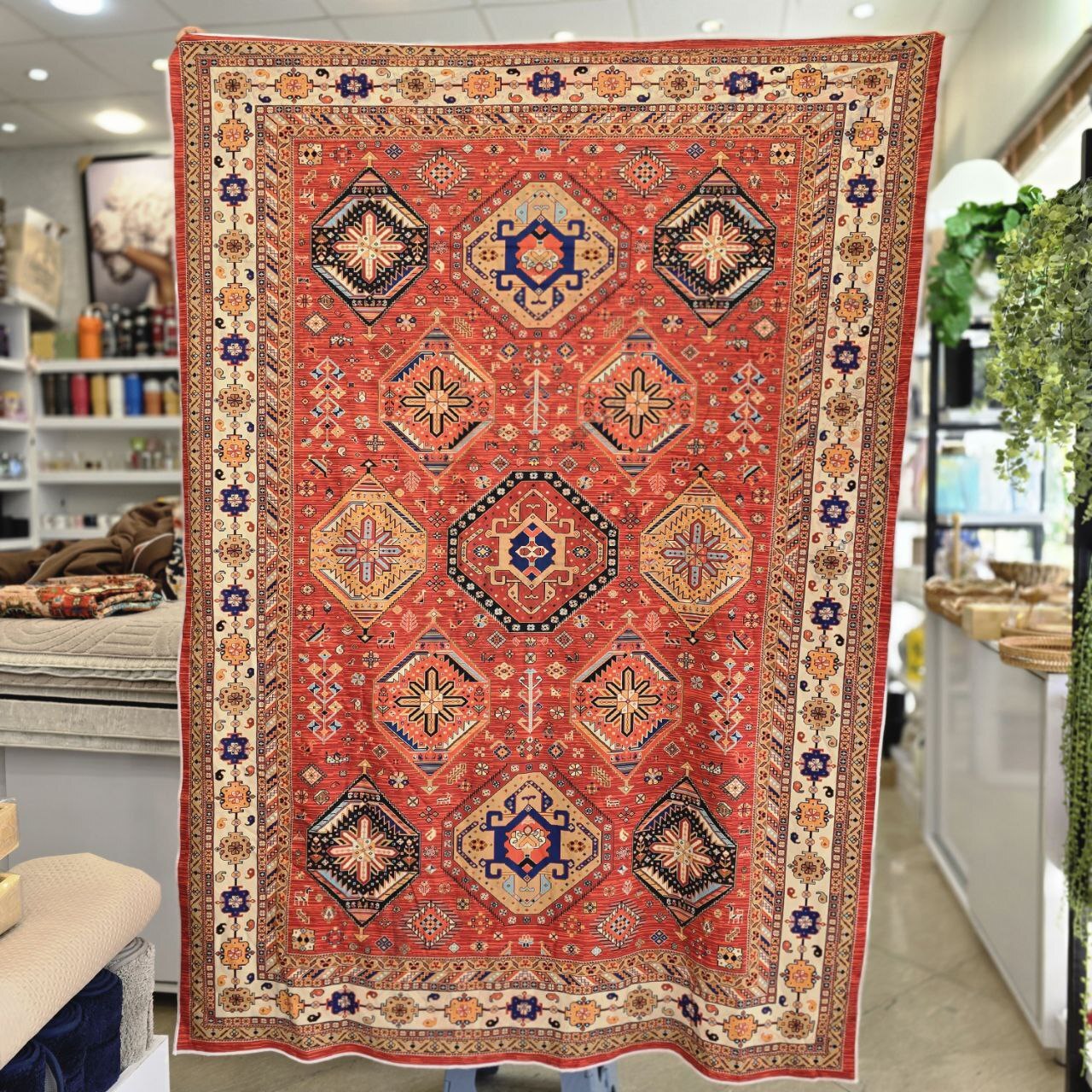  روفرشی ضخیم مخمل طرح قفقازی نارنجی (۱۹۰×۱۴۰) 